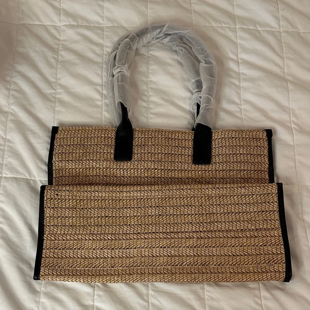 Walter Baker Delaney Woven Tote Bag Tan Black Raffia Leather Trim Boho Resort